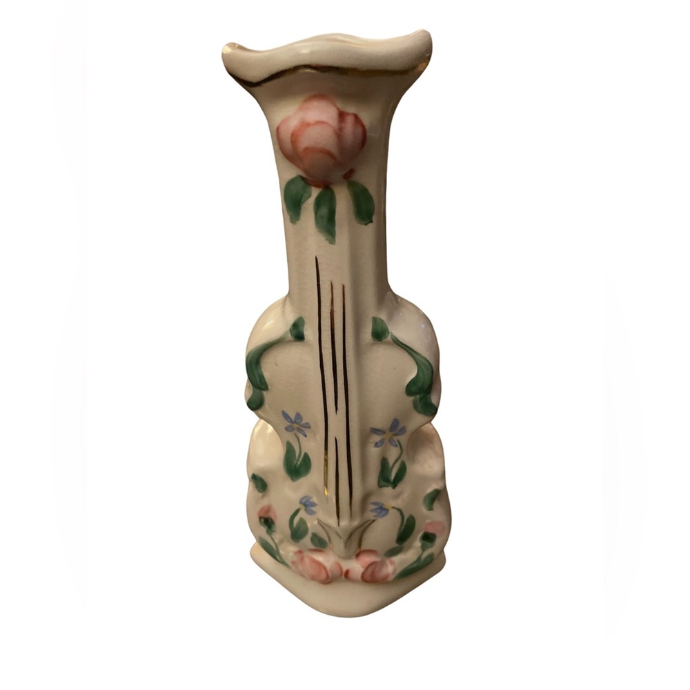 Vintage Violin Wall Pocket Footed Vase - Hand Painted with Roses